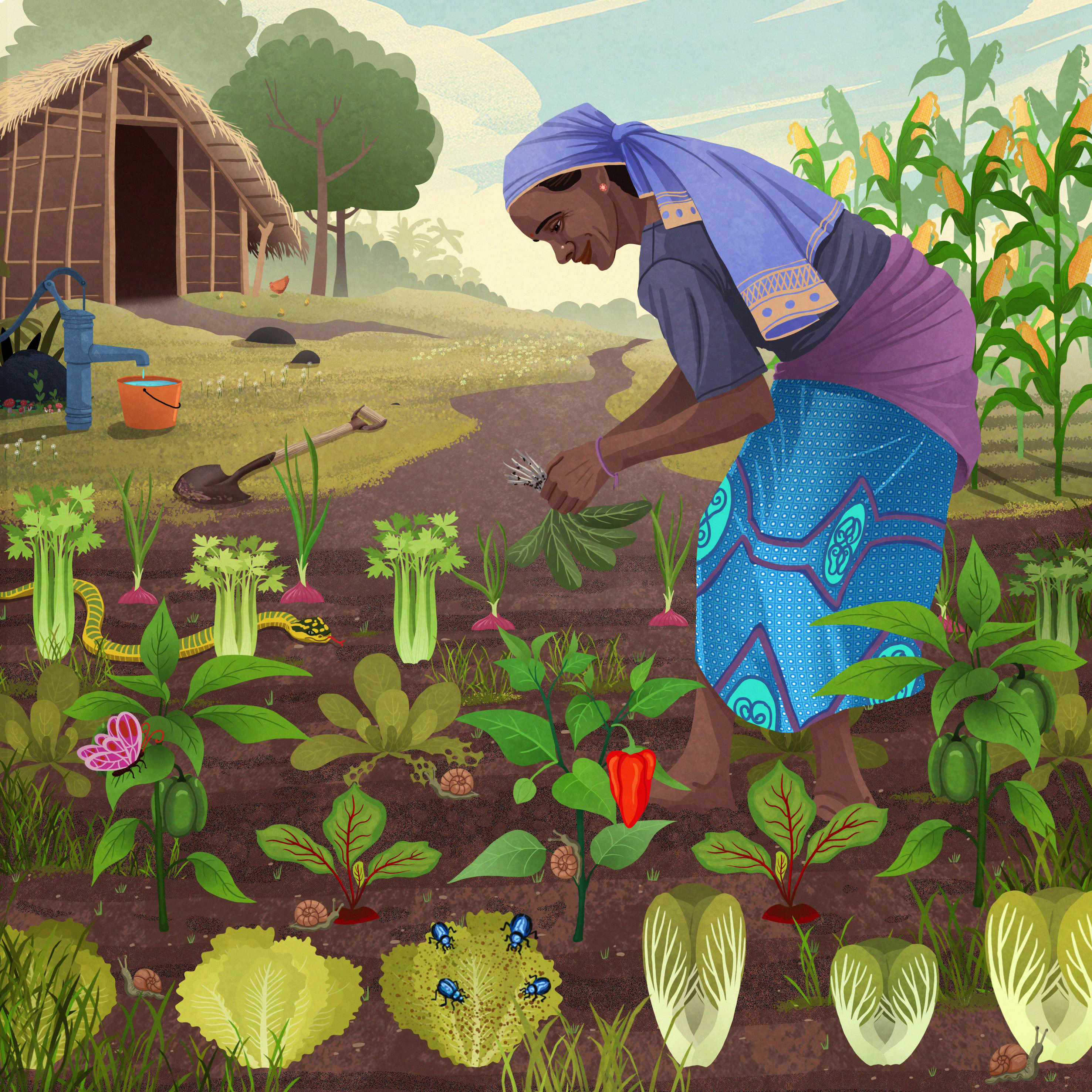 South Asian woman working in a garden, holding a plant